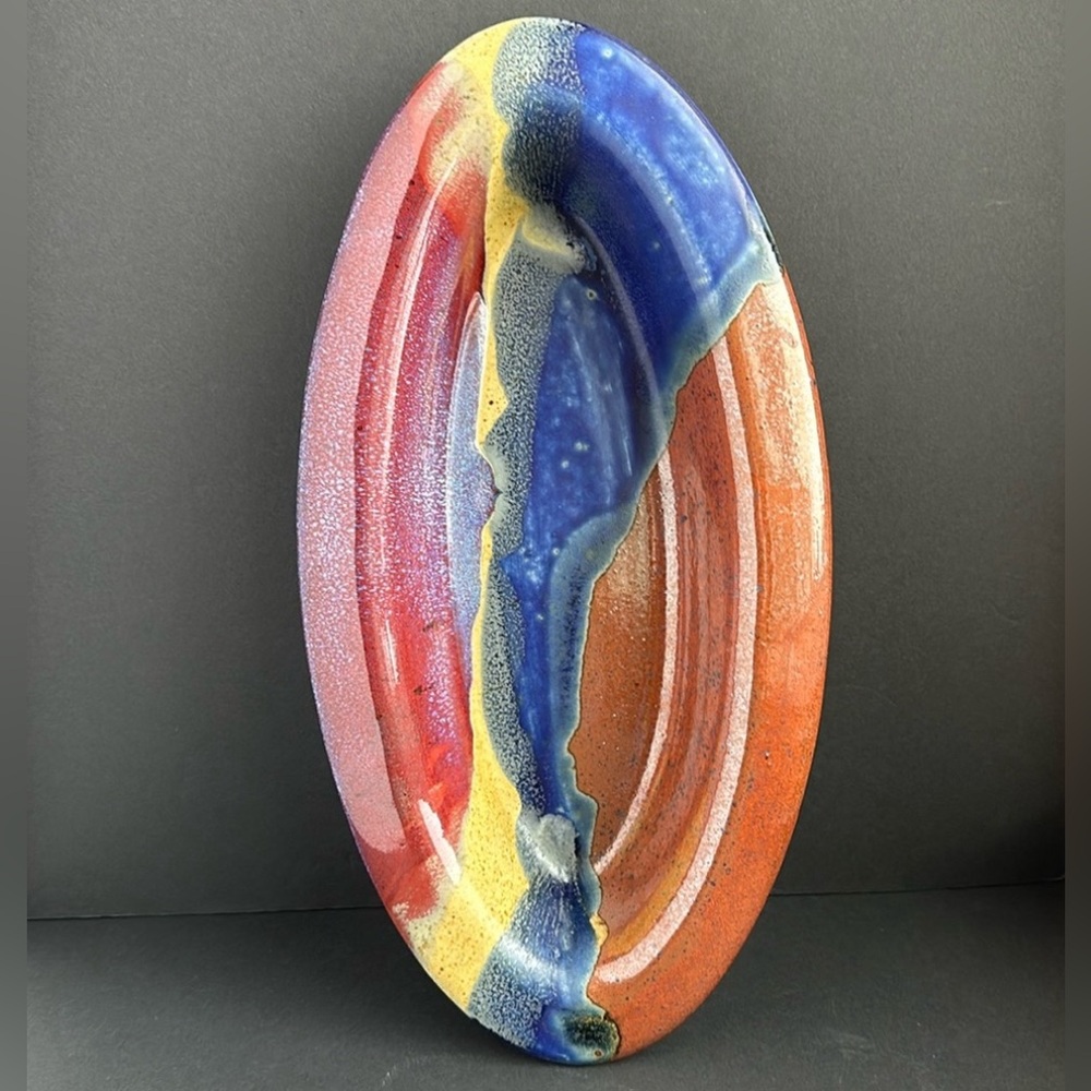 Susan Davy Studio Art Pottery Large Oval Elliptical Serving Dish Multicolored